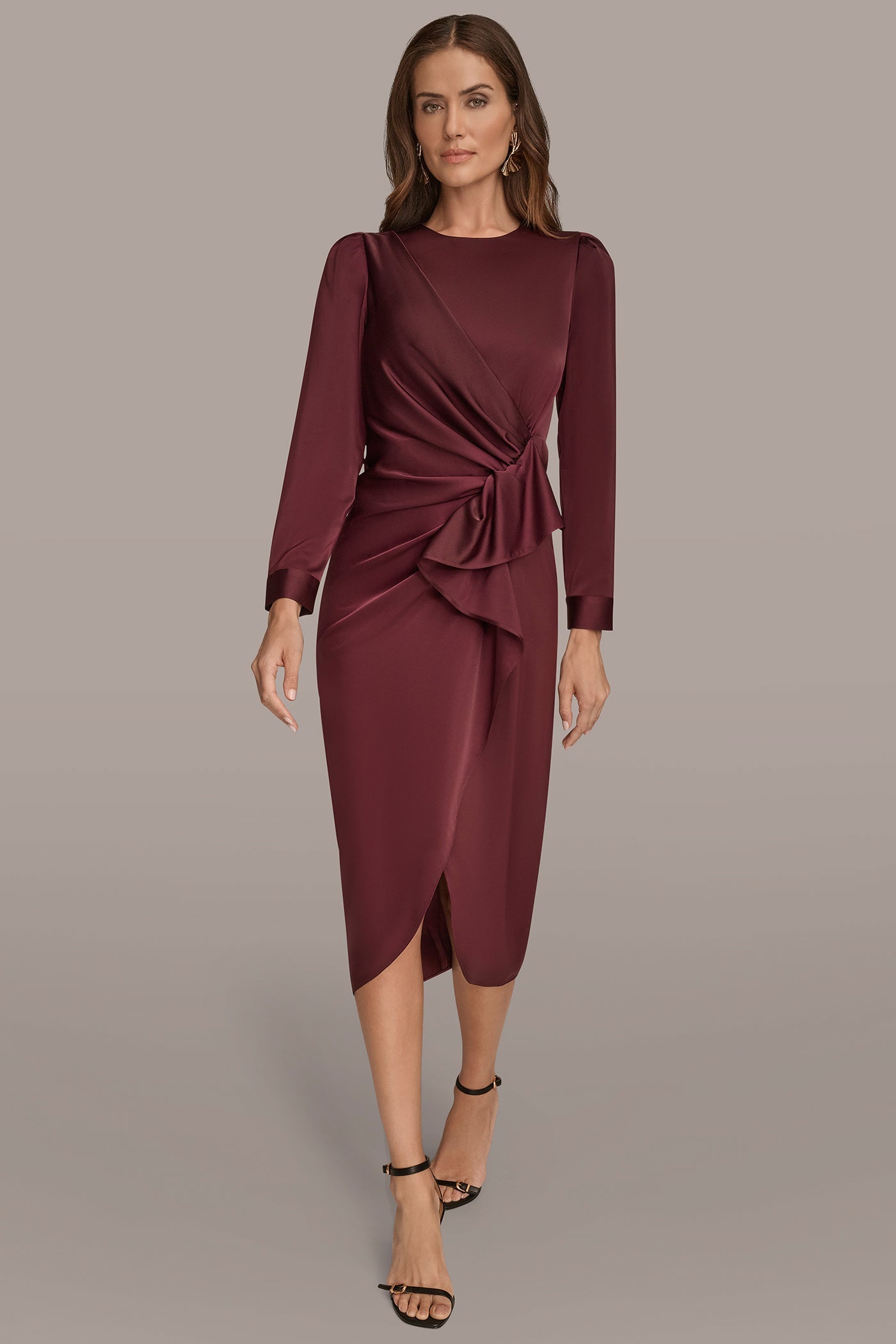 Donna Karan | SATIN LONG SLEEVE RUFFLE MIDI DRESS
