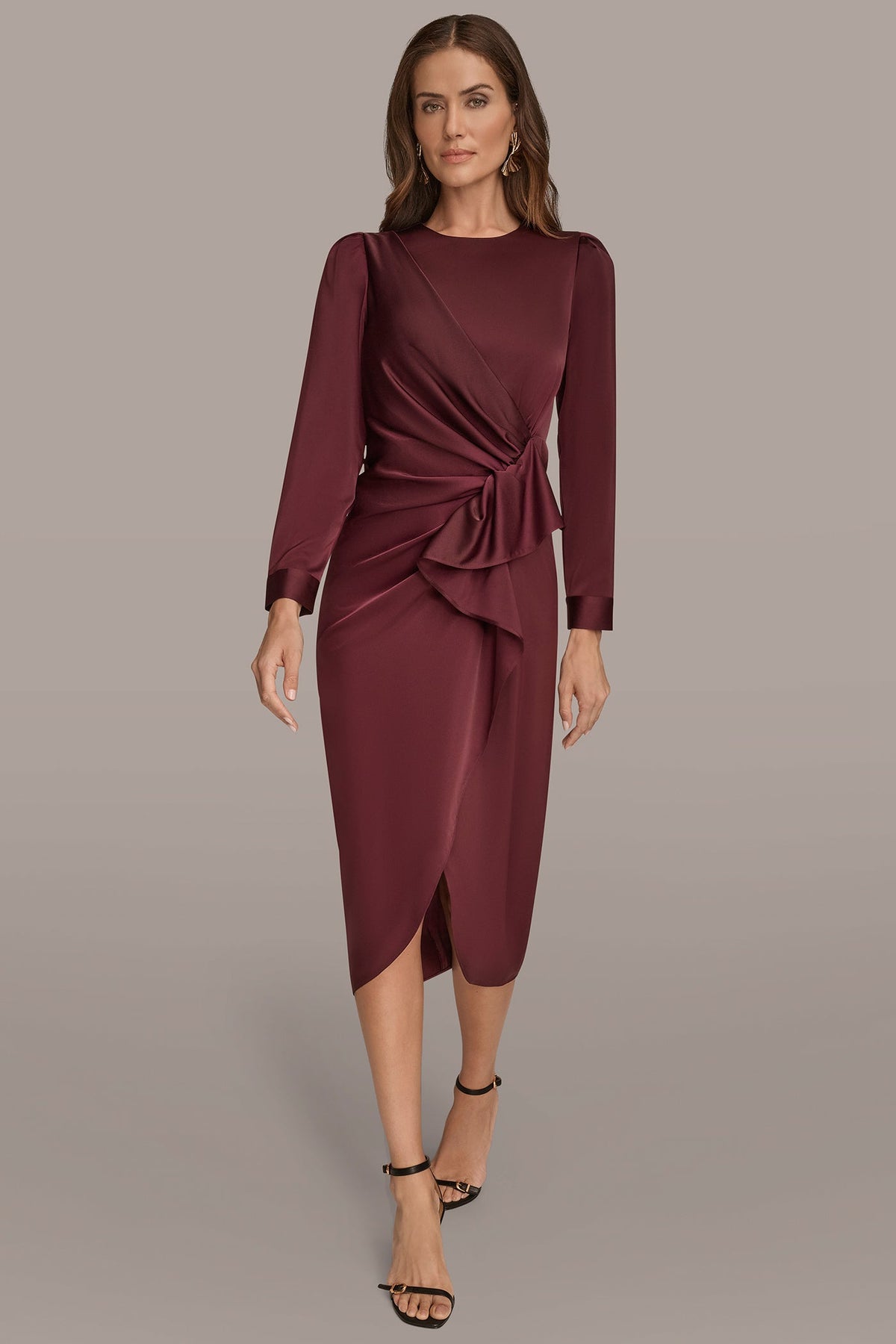 Donna Karan | SATIN LONG SLEEVE RUFFLE MIDI DRESS