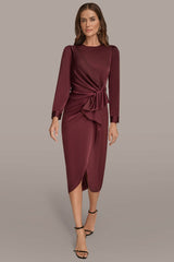 Donna Karan | SATIN LONG SLEEVE RUFFLE MIDI DRESS