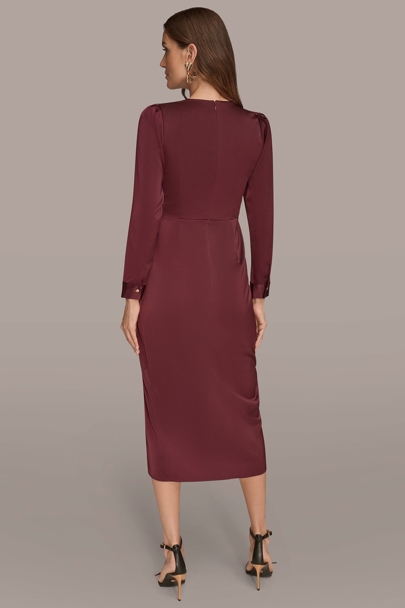 Donna Karan | SATIN LONG SLEEVE RUFFLE MIDI DRESS