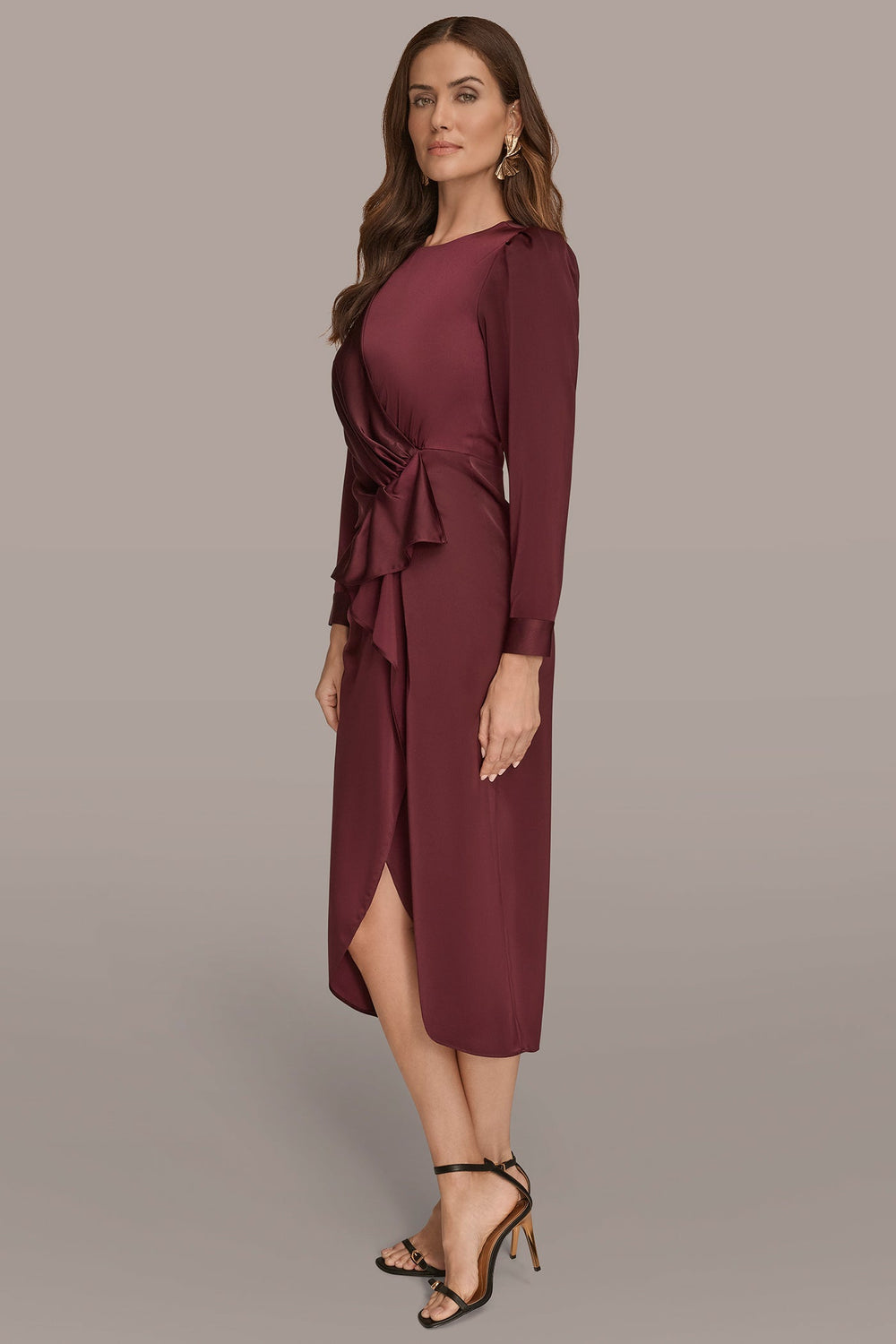 Donna Karan | SATIN LONG SLEEVE RUFFLE MIDI DRESS