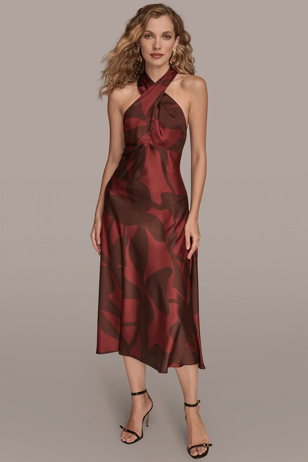 Donna Karan | FLORAL CROSS-FRONT MIDI HALTER DRESS
