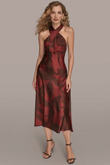 Donna Karan | FLORAL CROSS-FRONT MIDI HALTER DRESS