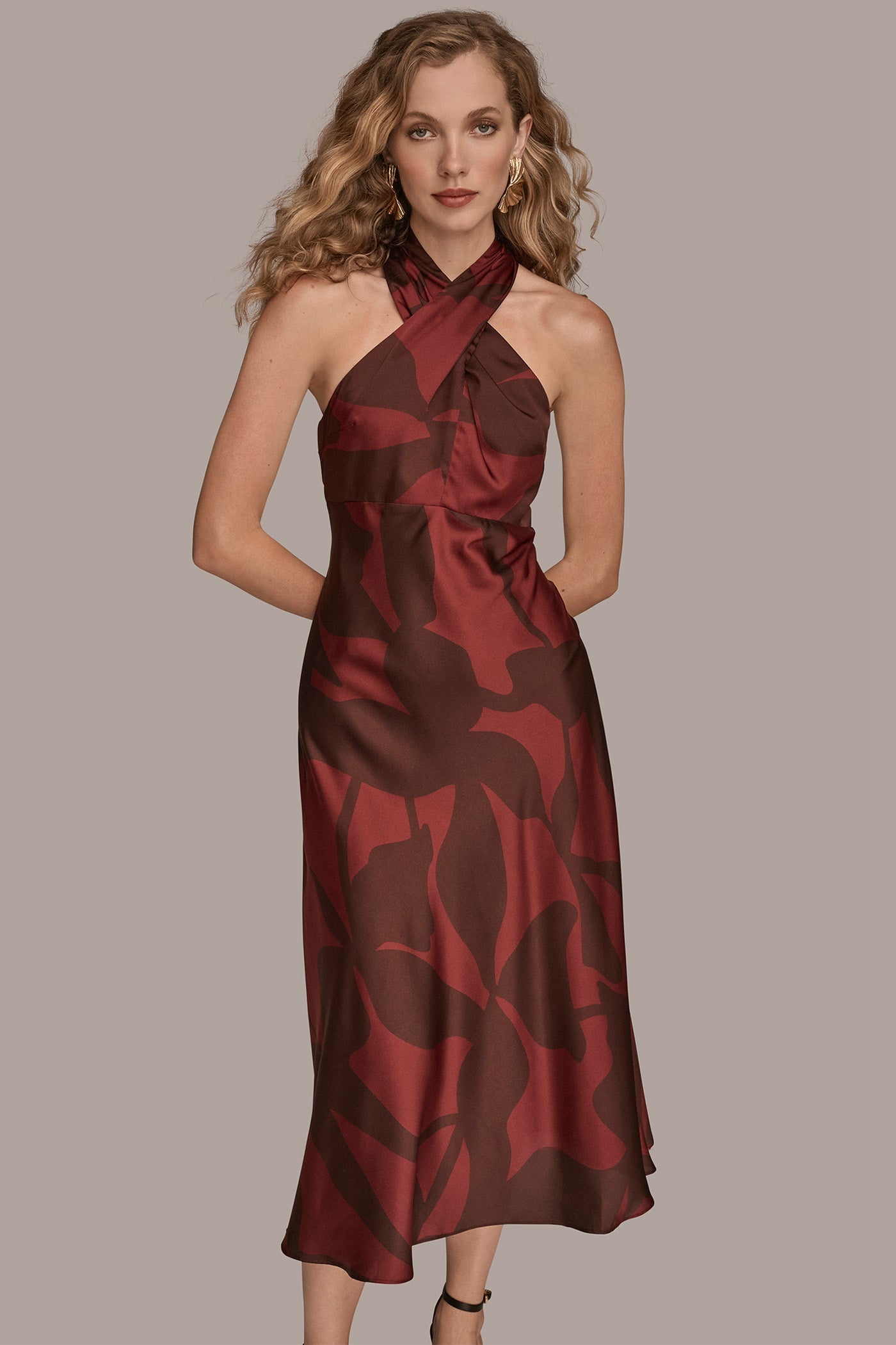 Donna Karan | FLORAL CROSS-FRONT MIDI HALTER DRESS