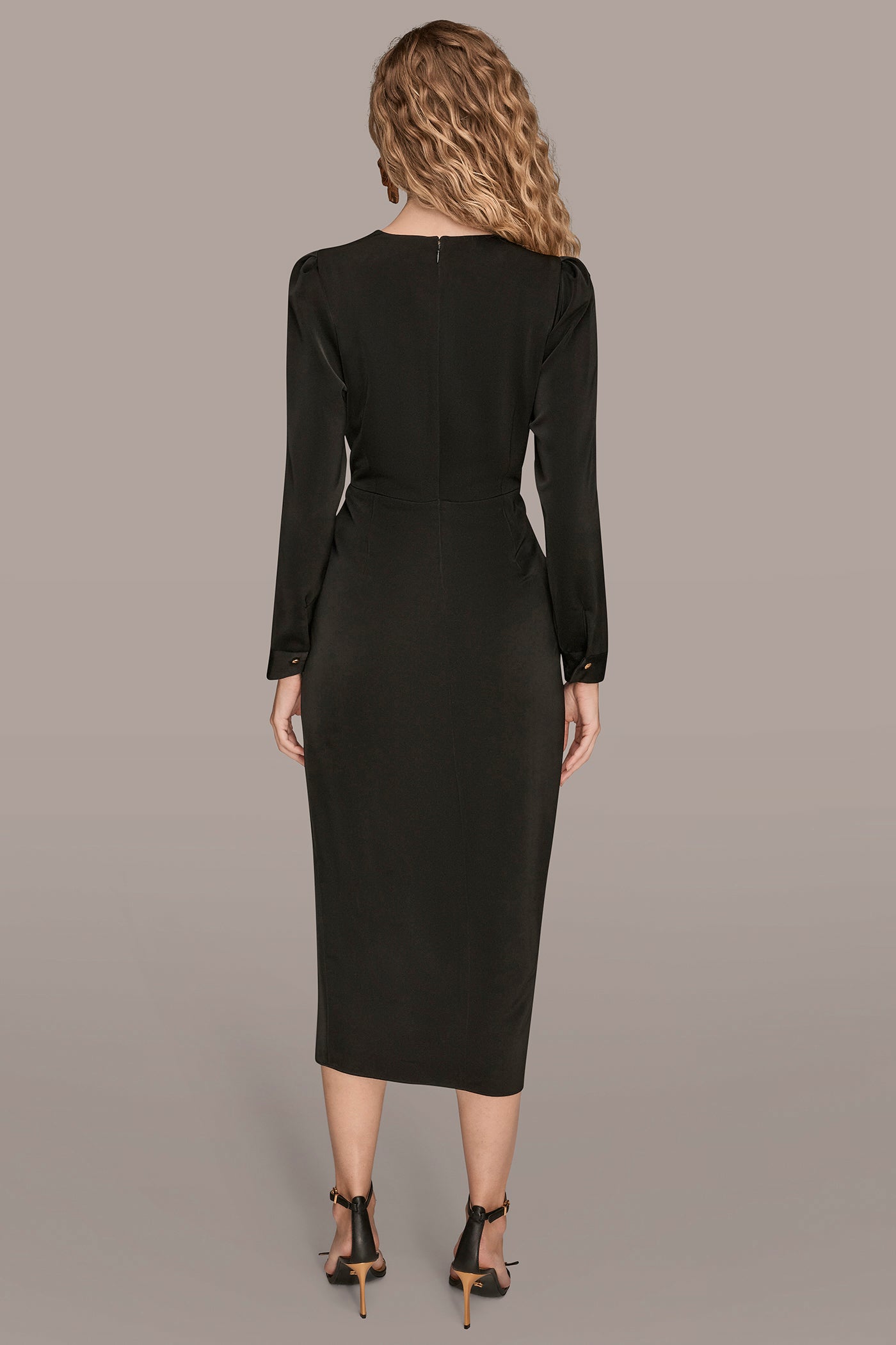 Donna Karan | SATIN LONG SLEEVE RUFFLE MIDI DRESS