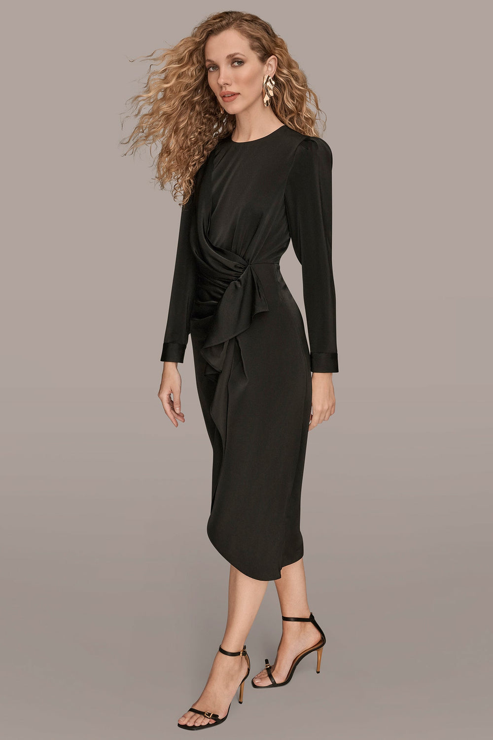 Donna Karan | SATIN LONG SLEEVE RUFFLE MIDI DRESS