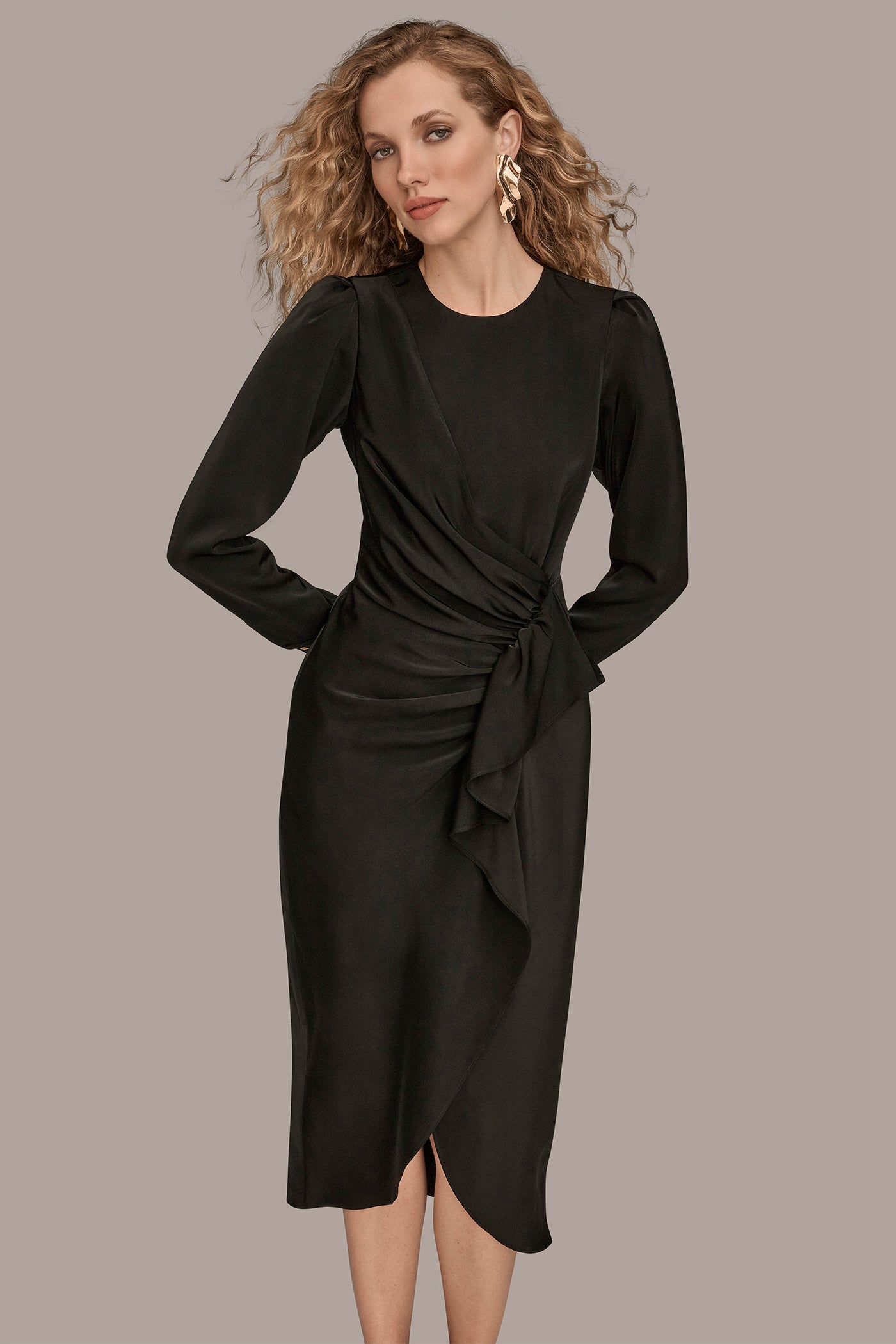 Donna Karan | SATIN LONG SLEEVE RUFFLE MIDI DRESS