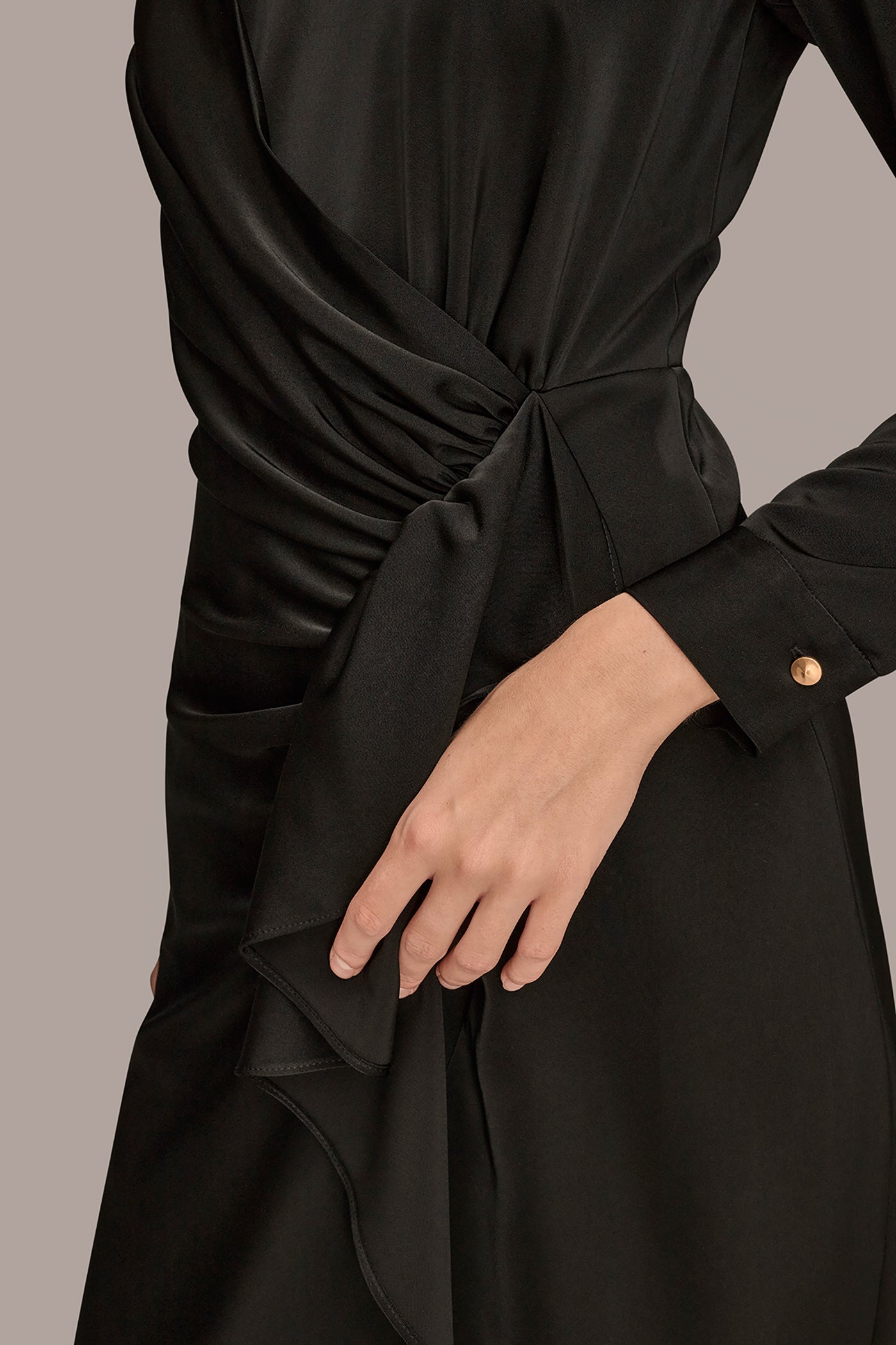 Donna Karan | SATIN LONG SLEEVE RUFFLE MIDI DRESS