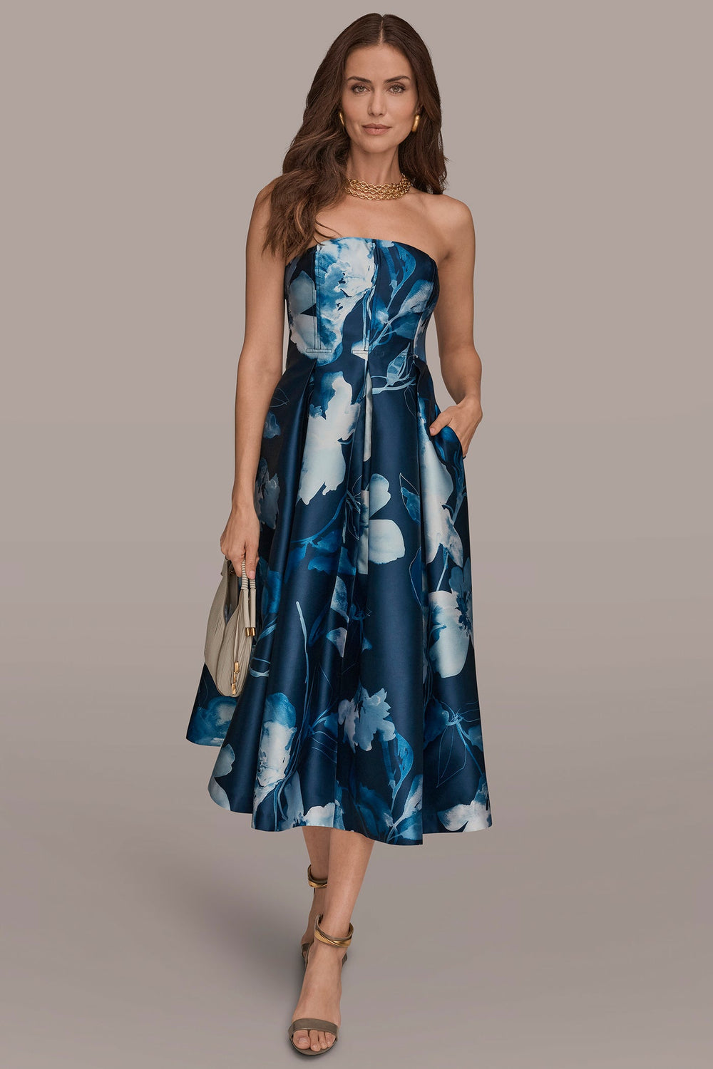 Donna Karan | MIKADO STRAPLESS FLORAL MIDI GOWN
