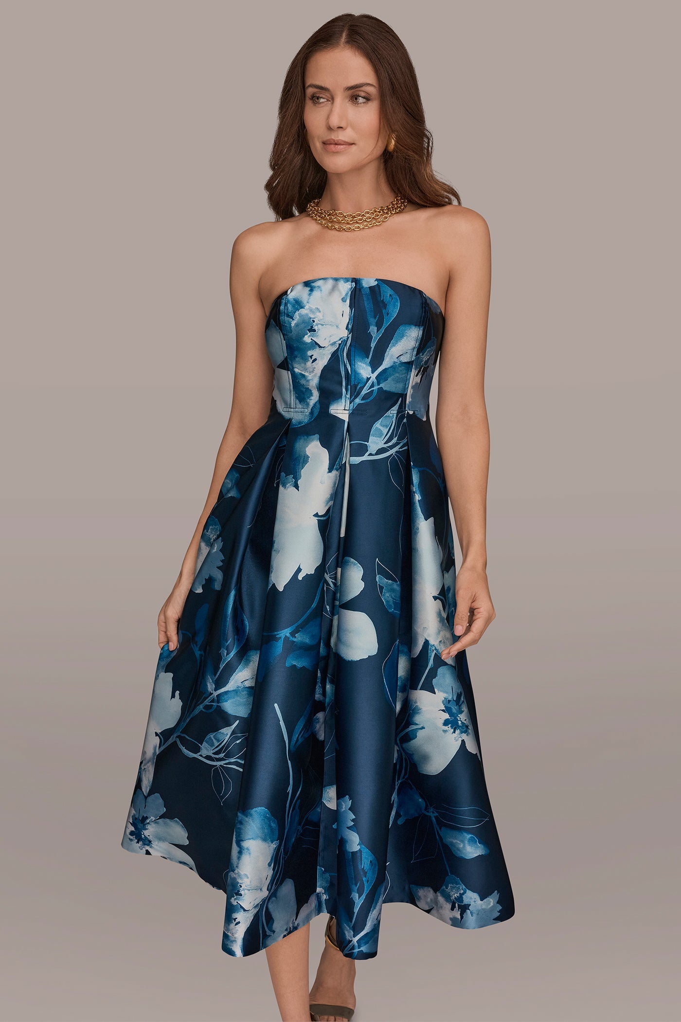 Donna Karan | MIKADO STRAPLESS FLORAL MIDI GOWN