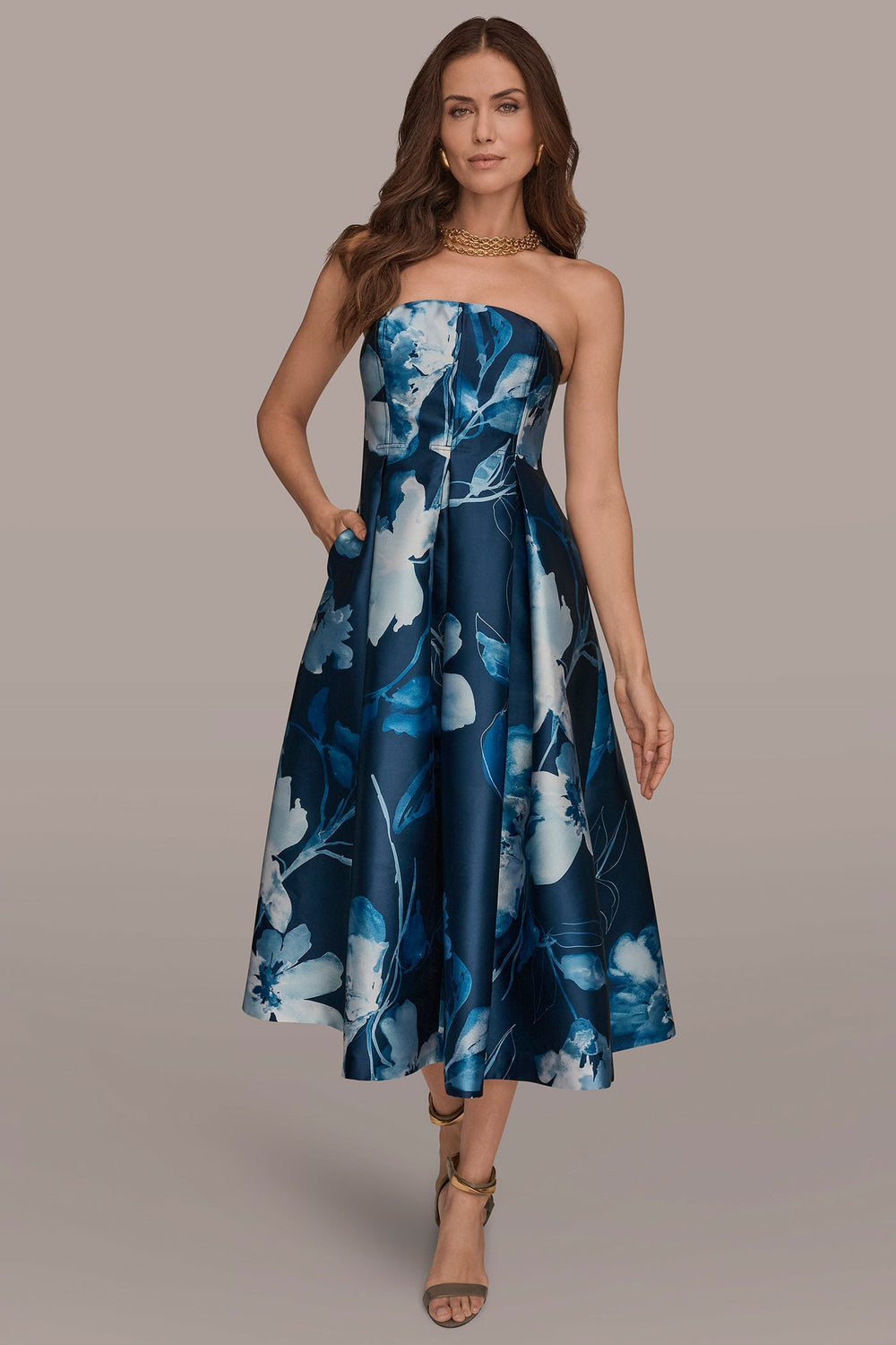 Donna Karan | MIKADO STRAPLESS FLORAL MIDI GOWN