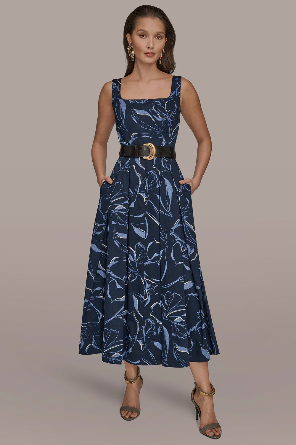 Donna Karan | COTTON FLORAL SQUARE-NECK MIDI DRESS