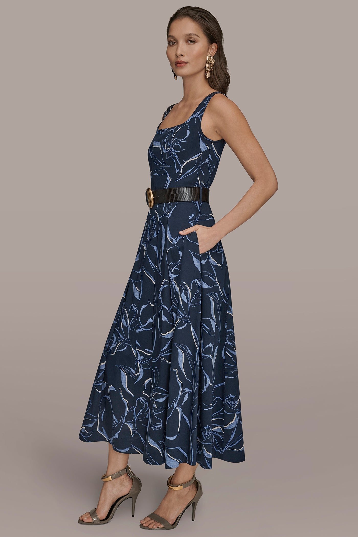 Donna Karan | COTTON FLORAL SQUARE-NECK MIDI DRESS