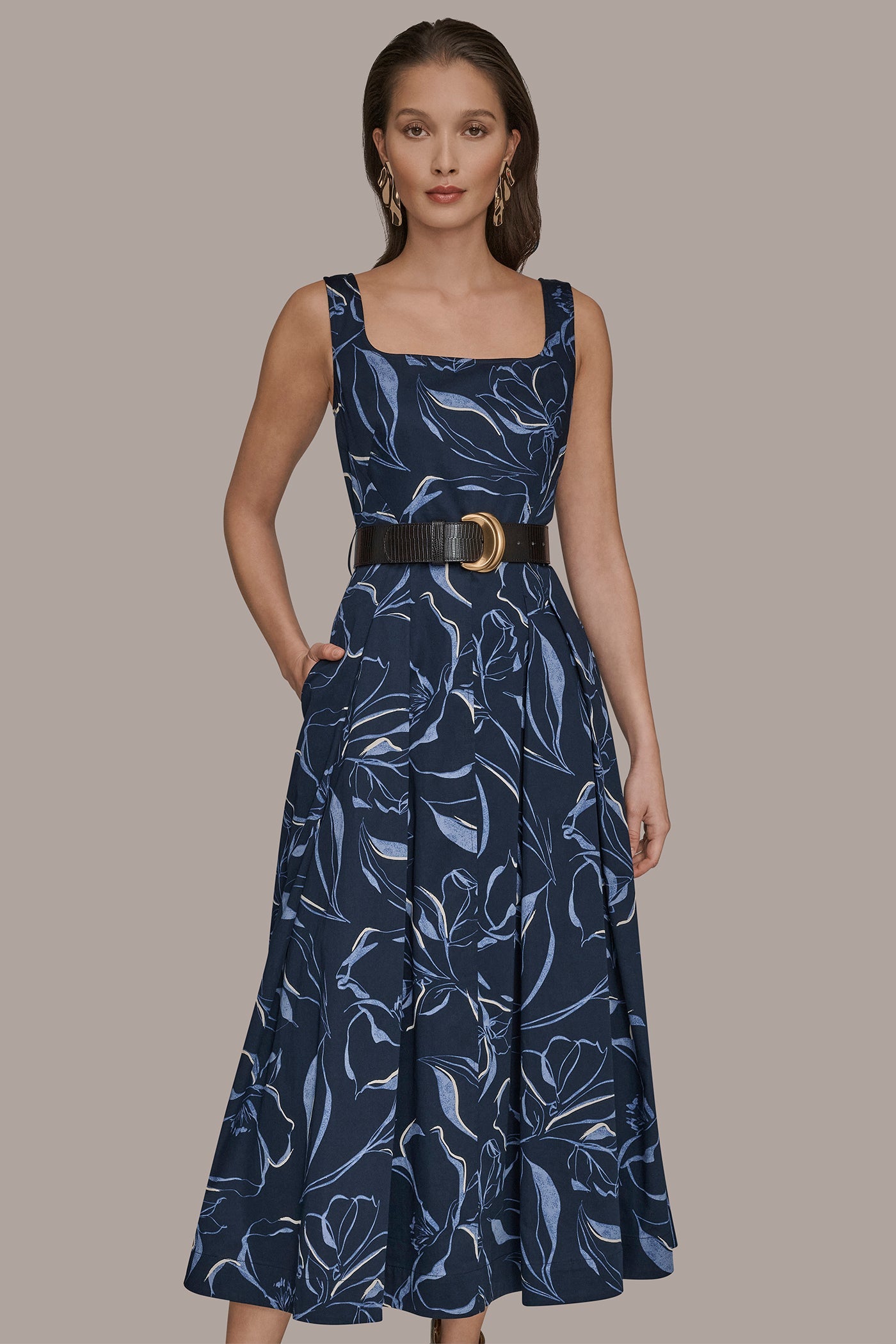 Donna Karan | COTTON FLORAL SQUARE-NECK MIDI DRESS