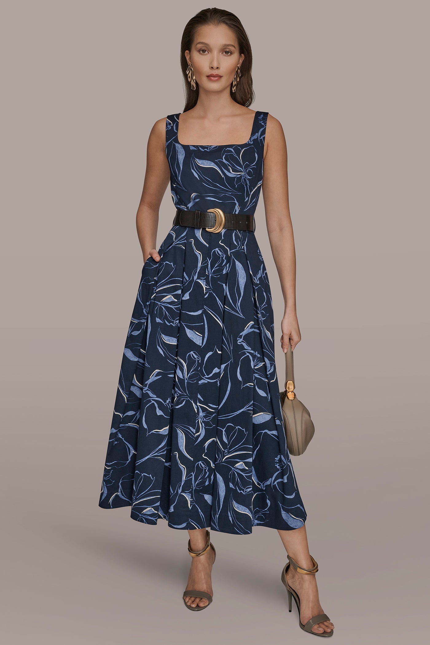 Donna Karan | COTTON FLORAL SQUARE-NECK MIDI DRESS