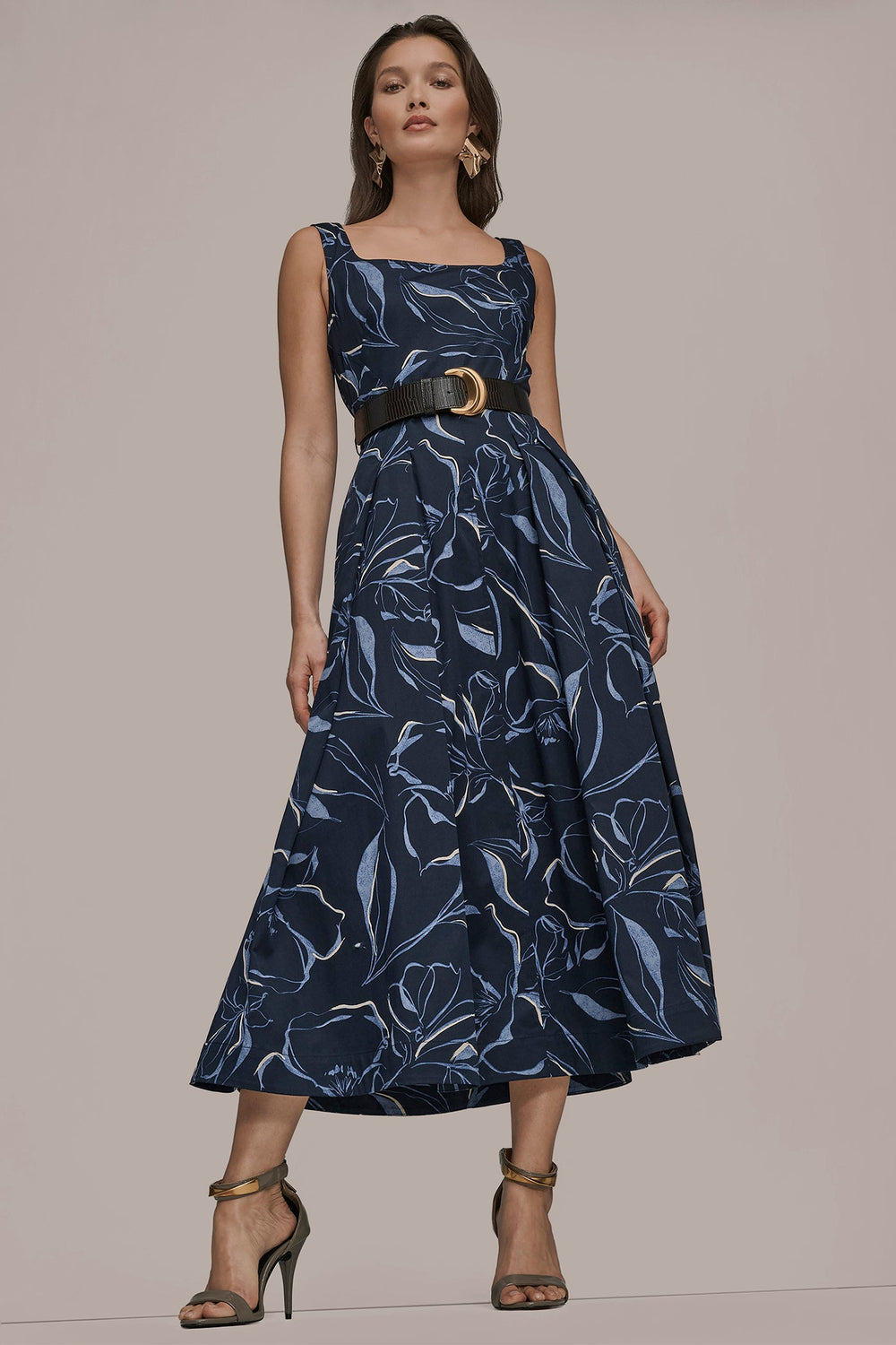 Donna Karan | COTTON FLORAL SQUARE-NECK MIDI DRESS