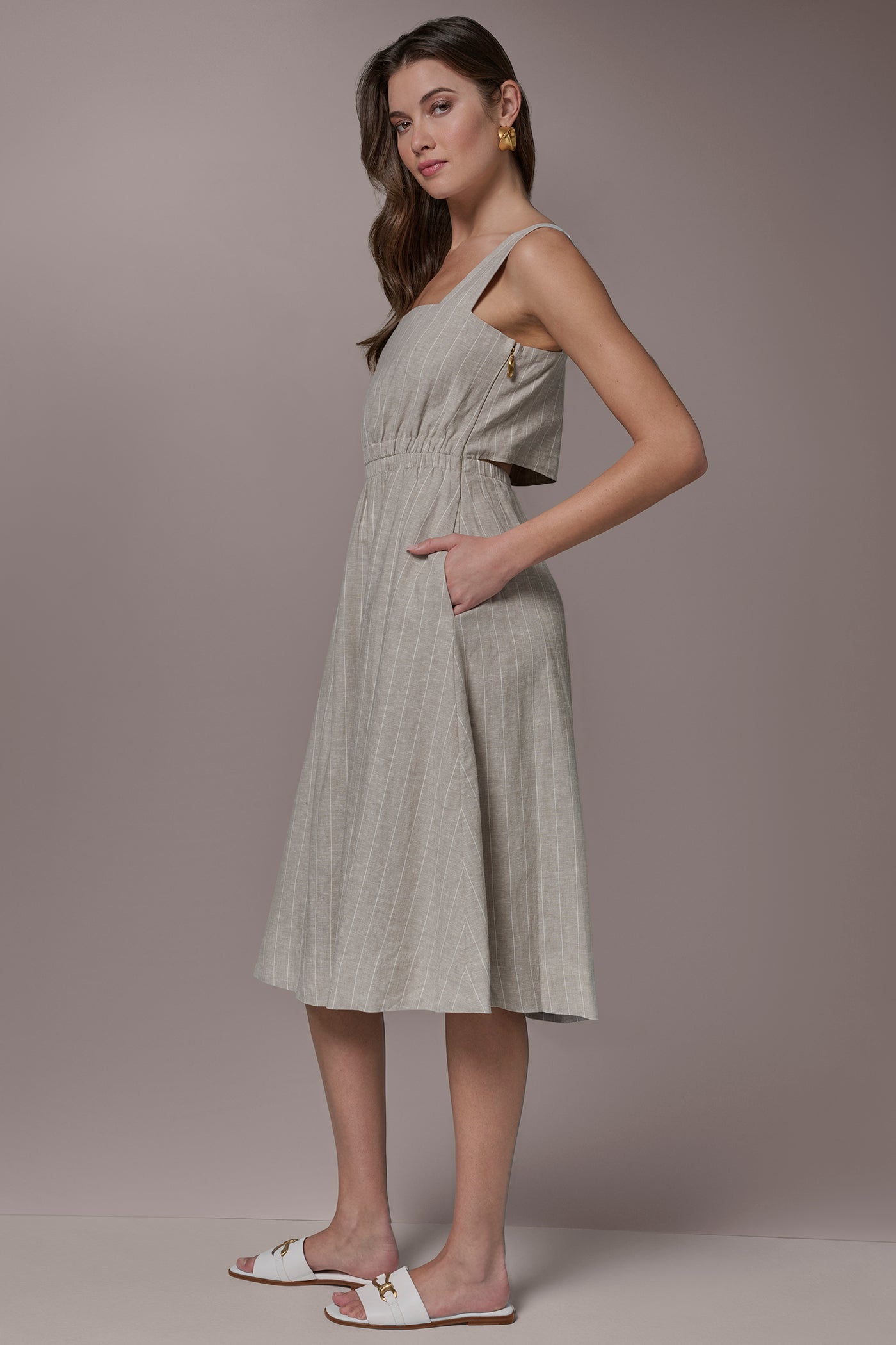 Donna Karan | LINEN-BLEND PINSTRIPE CUTOUT MIDI DRESS