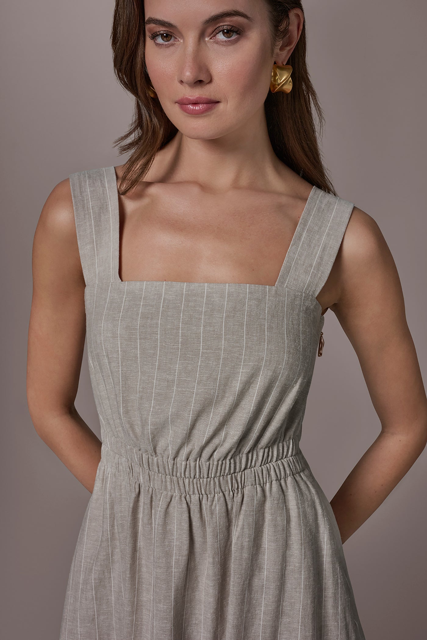 Donna Karan | LINEN-BLEND PINSTRIPE CUTOUT MIDI DRESS