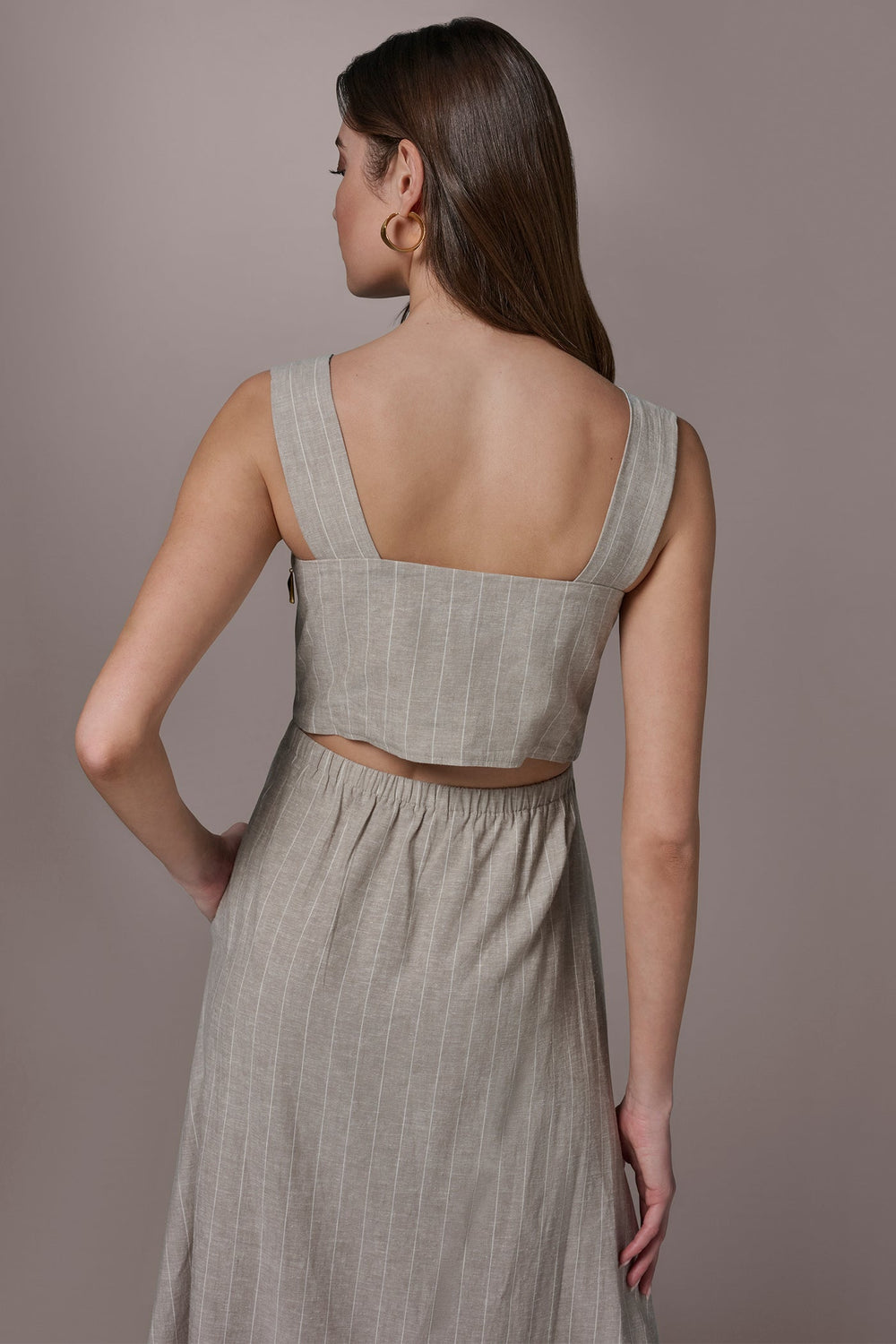 Donna Karan | LINEN-BLEND PINSTRIPE CUTOUT MIDI DRESS