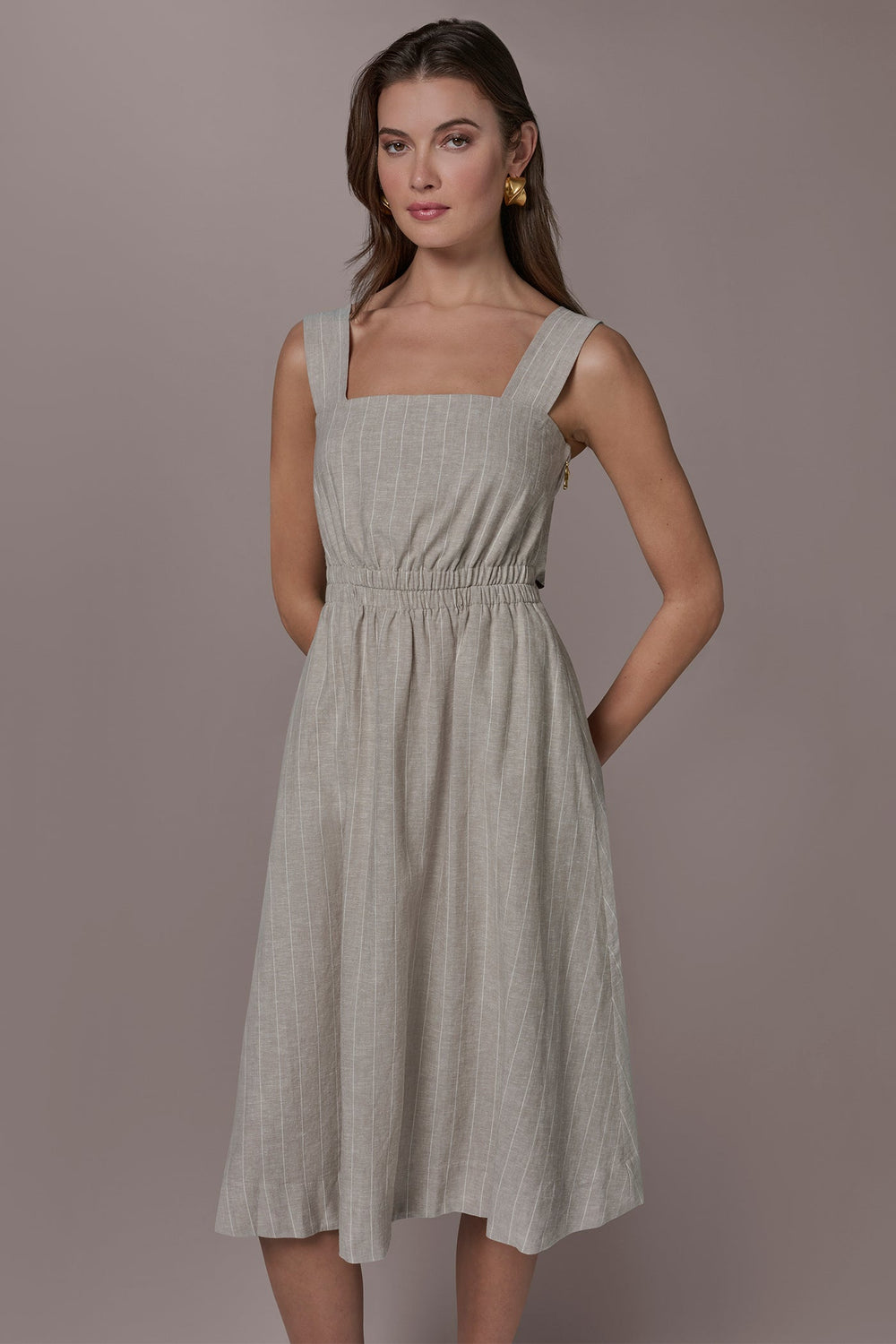 Donna Karan | LINEN-BLEND PINSTRIPE CUTOUT MIDI DRESS