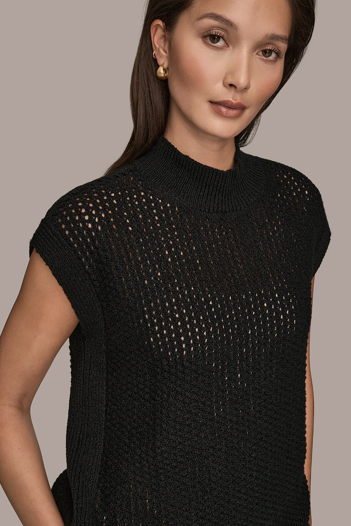 Donna Karan | SLEEVELESS MOCK-NECK OPEN STITCH SWEATER