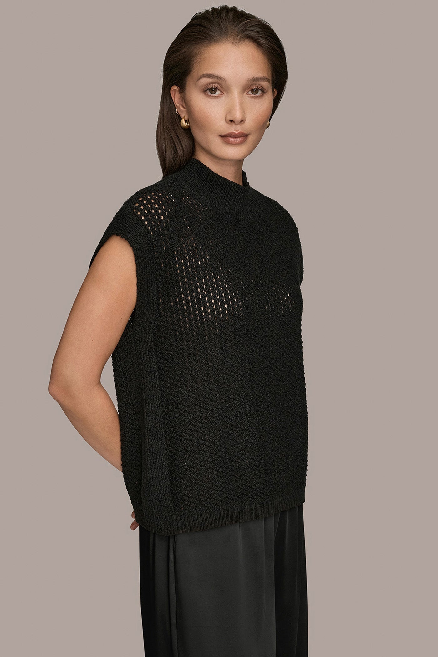 Donna Karan | SLEEVELESS MOCK-NECK OPEN STITCH SWEATER