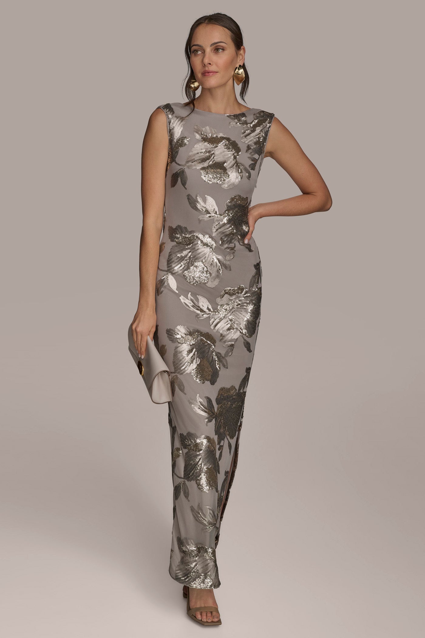 Donna Karan | SLEEVELESS FLORAL SEQUIN COWL-BACK GOWN