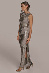Donna Karan | SLEEVELESS FLORAL SEQUIN COWL-BACK GOWN