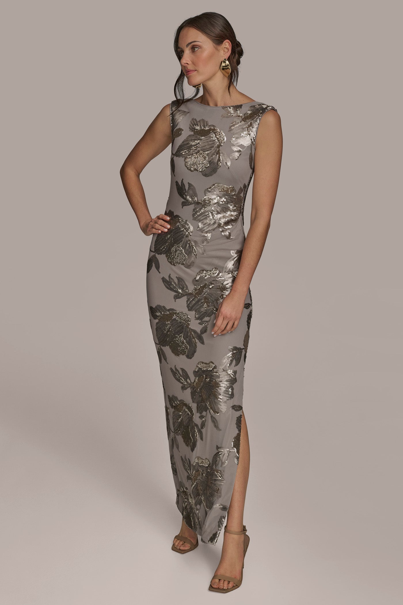 Donna Karan | SLEEVELESS FLORAL SEQUIN COWL-BACK GOWN