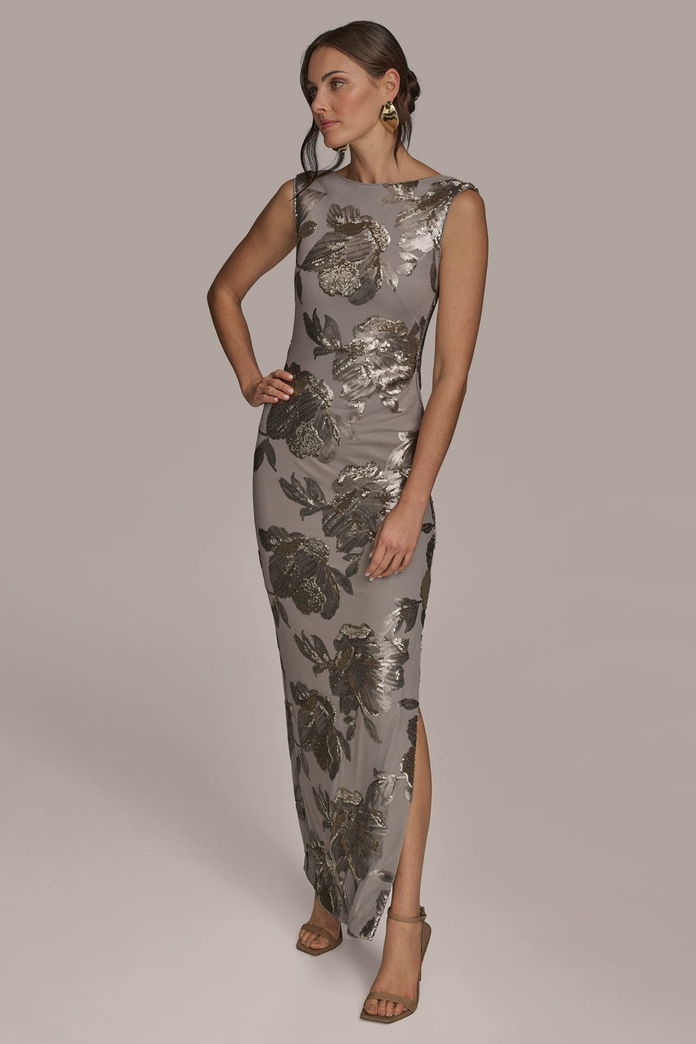 Donna Karan | SLEEVELESS FLORAL SEQUIN COWL-BACK GOWN