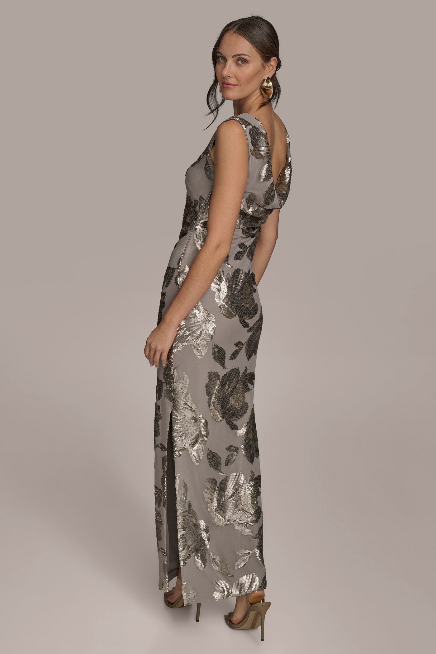 Donna Karan | SLEEVELESS FLORAL SEQUIN COWL-BACK GOWN