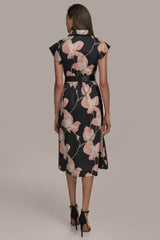 Donna Karan | SATEEN CAP SLEEVE PRINTED SHIRT DRESS