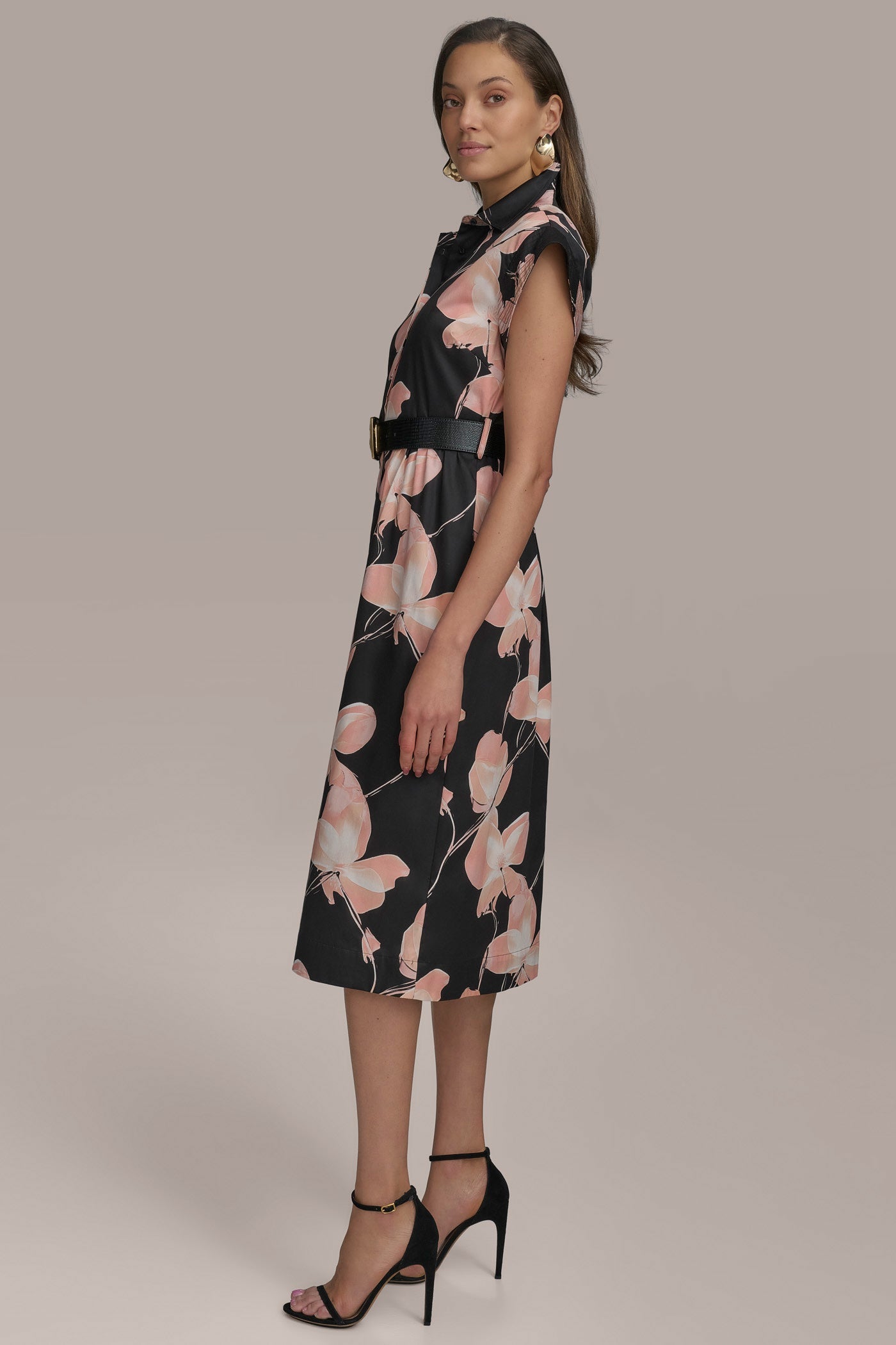 Donna Karan | SATEEN CAP SLEEVE PRINTED SHIRT DRESS