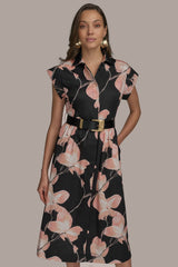 Donna Karan | SATEEN CAP SLEEVE PRINTED SHIRT DRESS