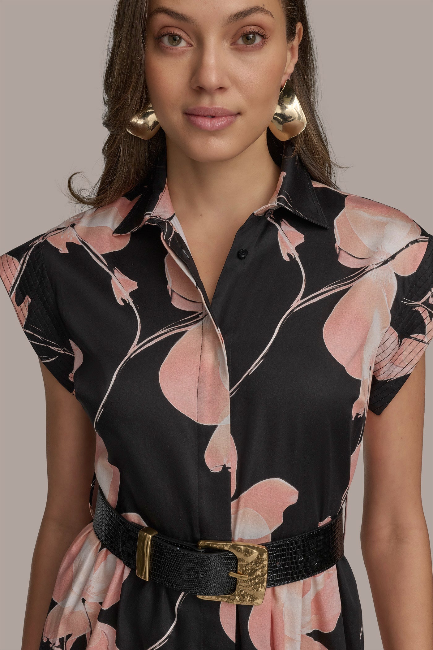 Donna Karan | SATEEN CAP SLEEVE PRINTED SHIRT DRESS