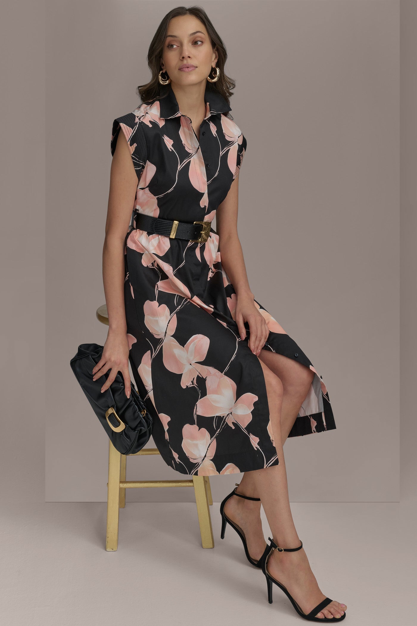 Donna Karan | SATEEN CAP SLEEVE PRINTED SHIRT DRESS