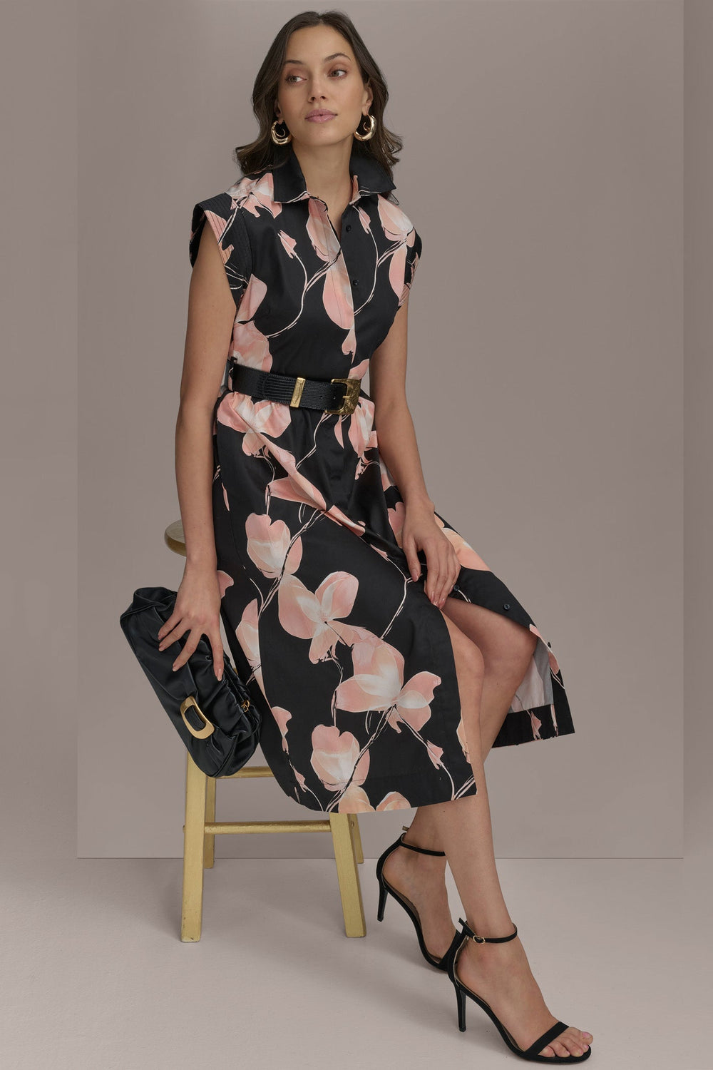Donna Karan | SATEEN CAP SLEEVE PRINTED SHIRT DRESS