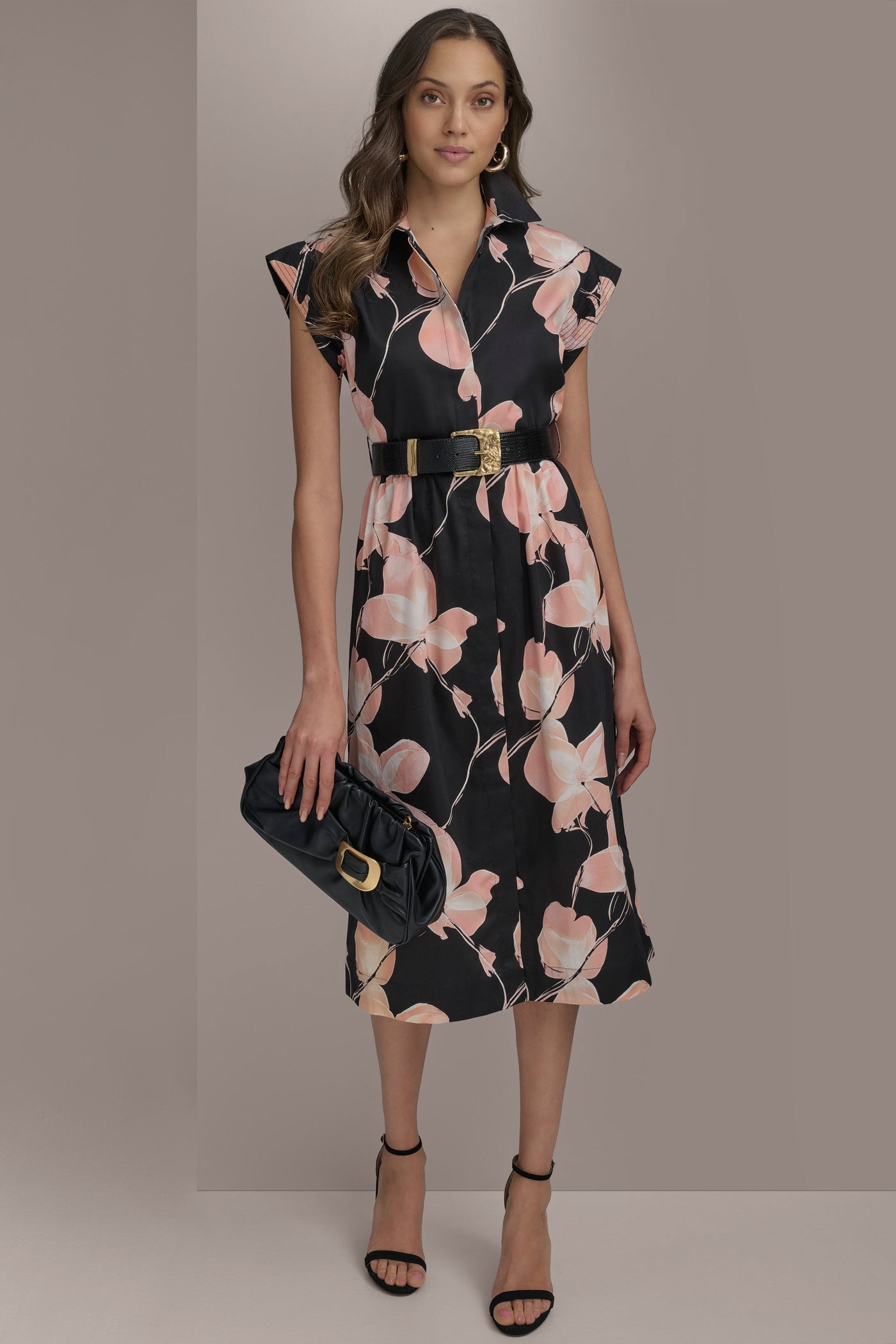 Donna Karan | SATEEN CAP SLEEVE PRINTED SHIRT DRESS