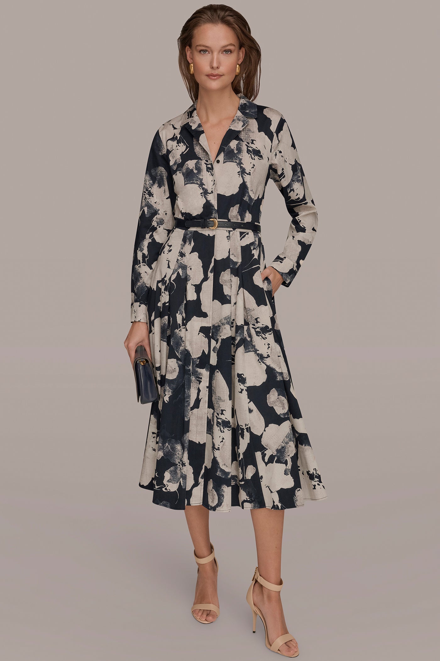 Donna Karan | PRINTED LONG-SLEEVE BUTTON-FRONT DRESS