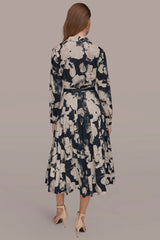 Donna Karan | PRINTED LONG-SLEEVE BUTTON-FRONT DRESS