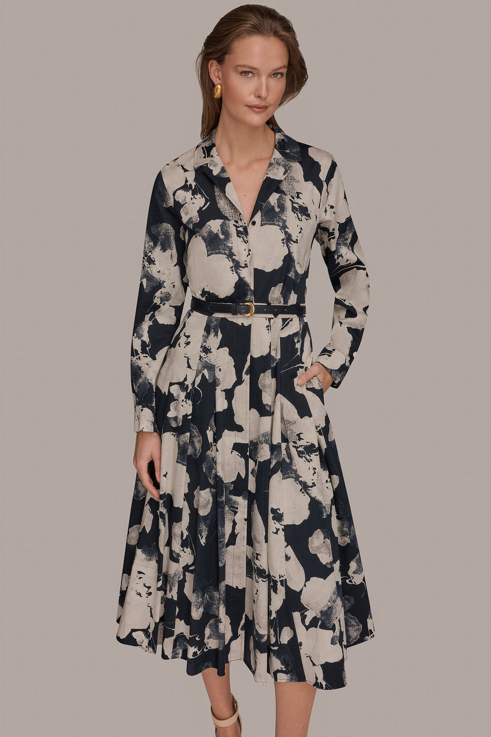 Donna Karan | PRINTED LONG-SLEEVE BUTTON-FRONT DRESS
