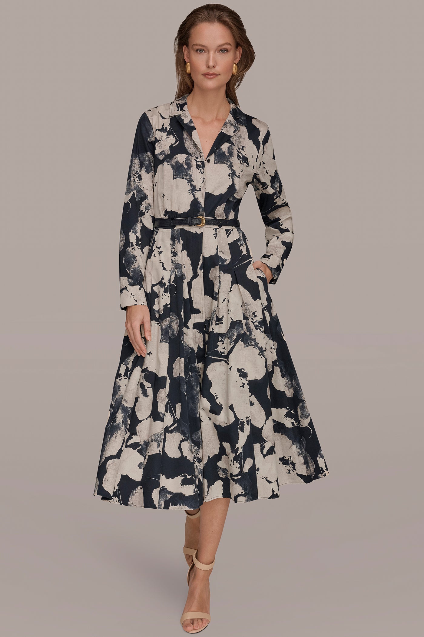 Donna Karan | PRINTED LONG-SLEEVE BUTTON-FRONT DRESS