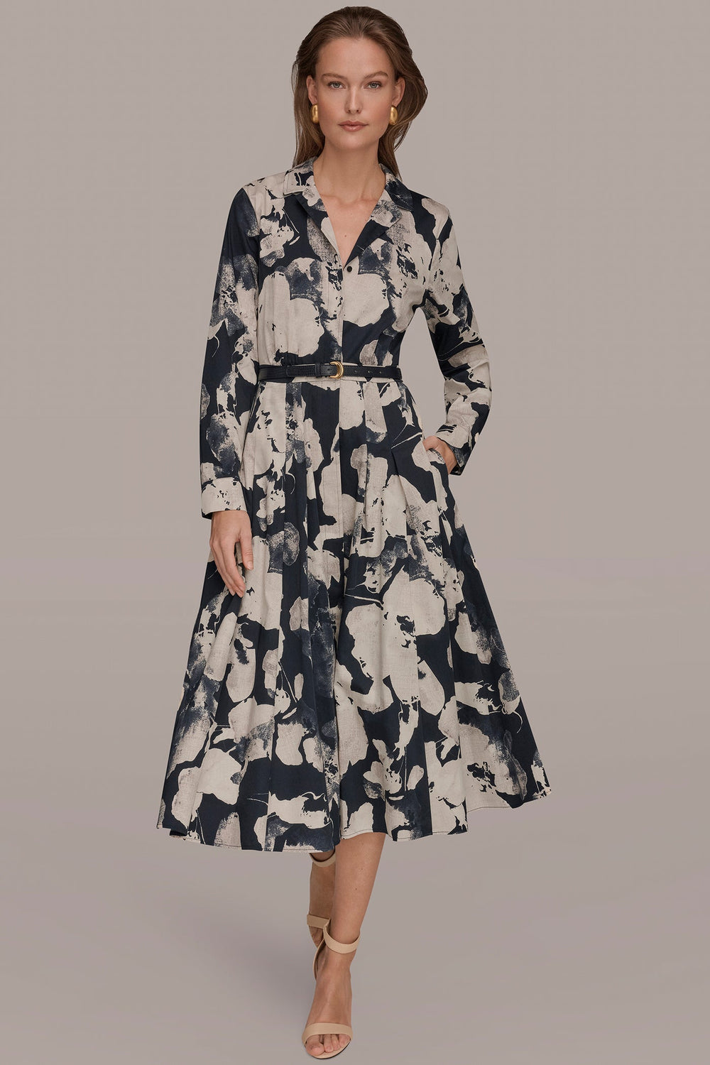 Donna Karan | PRINTED LONG-SLEEVE BUTTON-FRONT DRESS