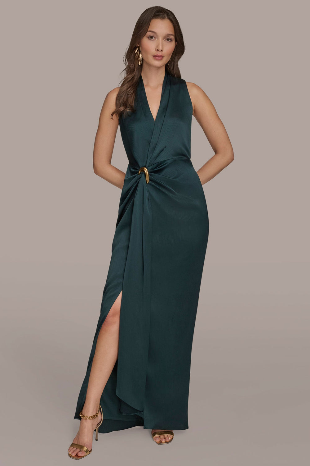 Donna Karan | CRINKLE SATIN SLEEVELESS MAXI WRAP DRESS