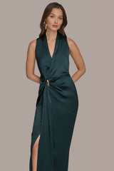 Donna Karan | CRINKLE SATIN SLEEVELESS MAXI WRAP DRESS