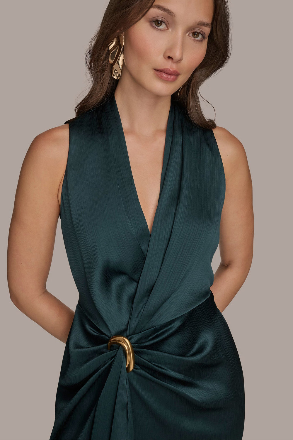 Donna Karan | CRINKLE SATIN SLEEVELESS MAXI WRAP DRESS