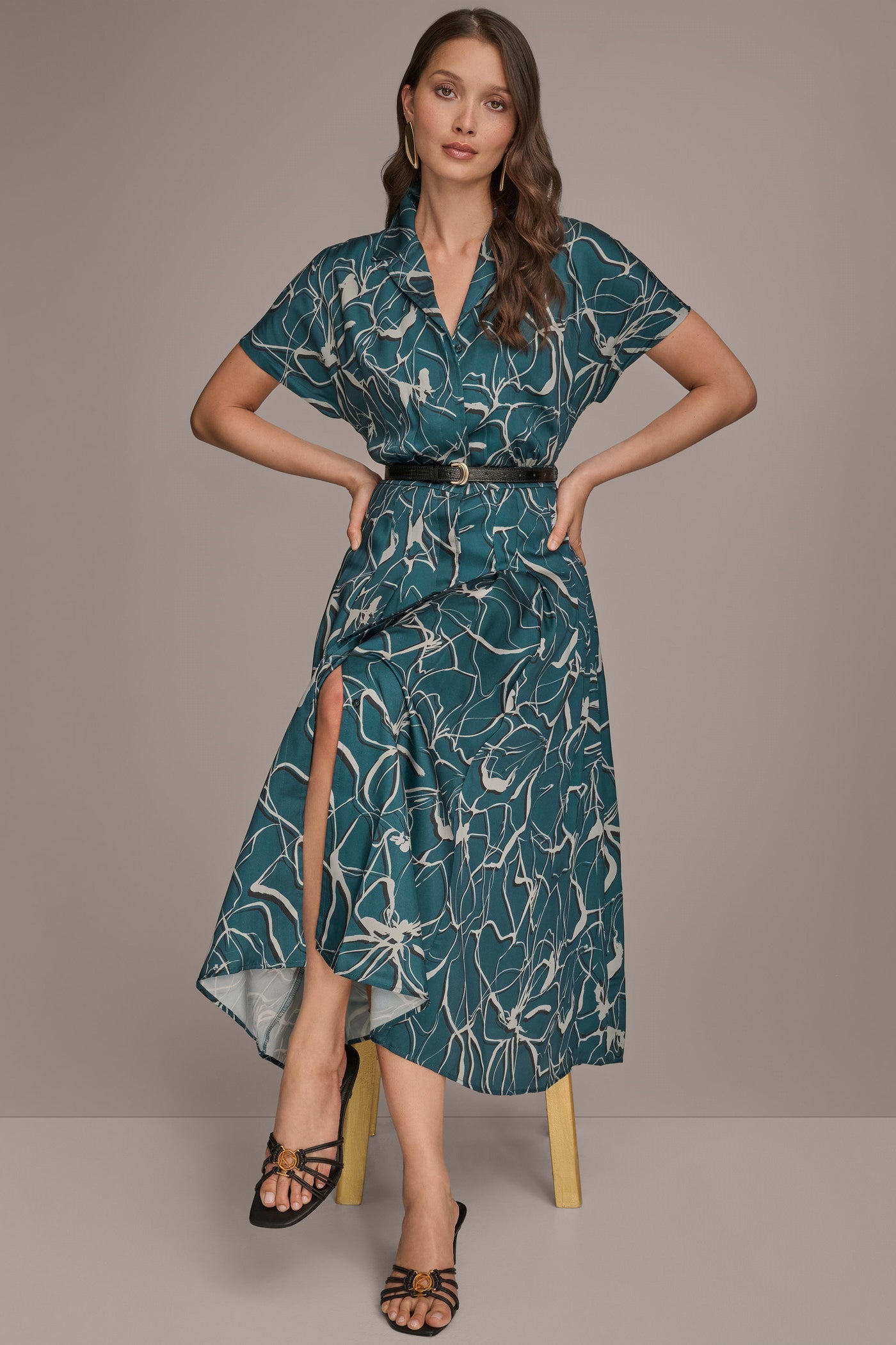 Donna Karan | SHORT SLEEVE FLORAL MIDI SHIRT DRESS