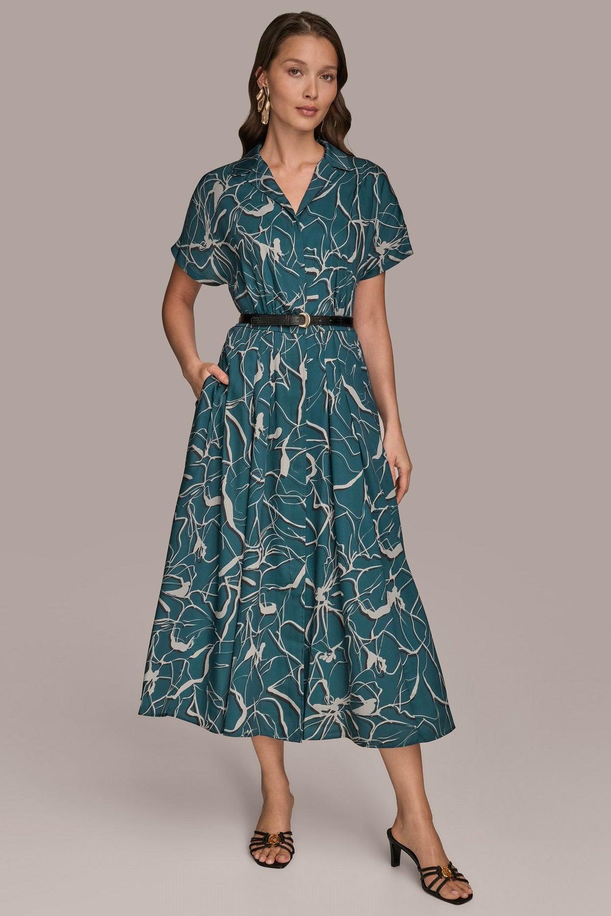 Donna Karan | SHORT SLEEVE FLORAL MIDI SHIRT DRESS