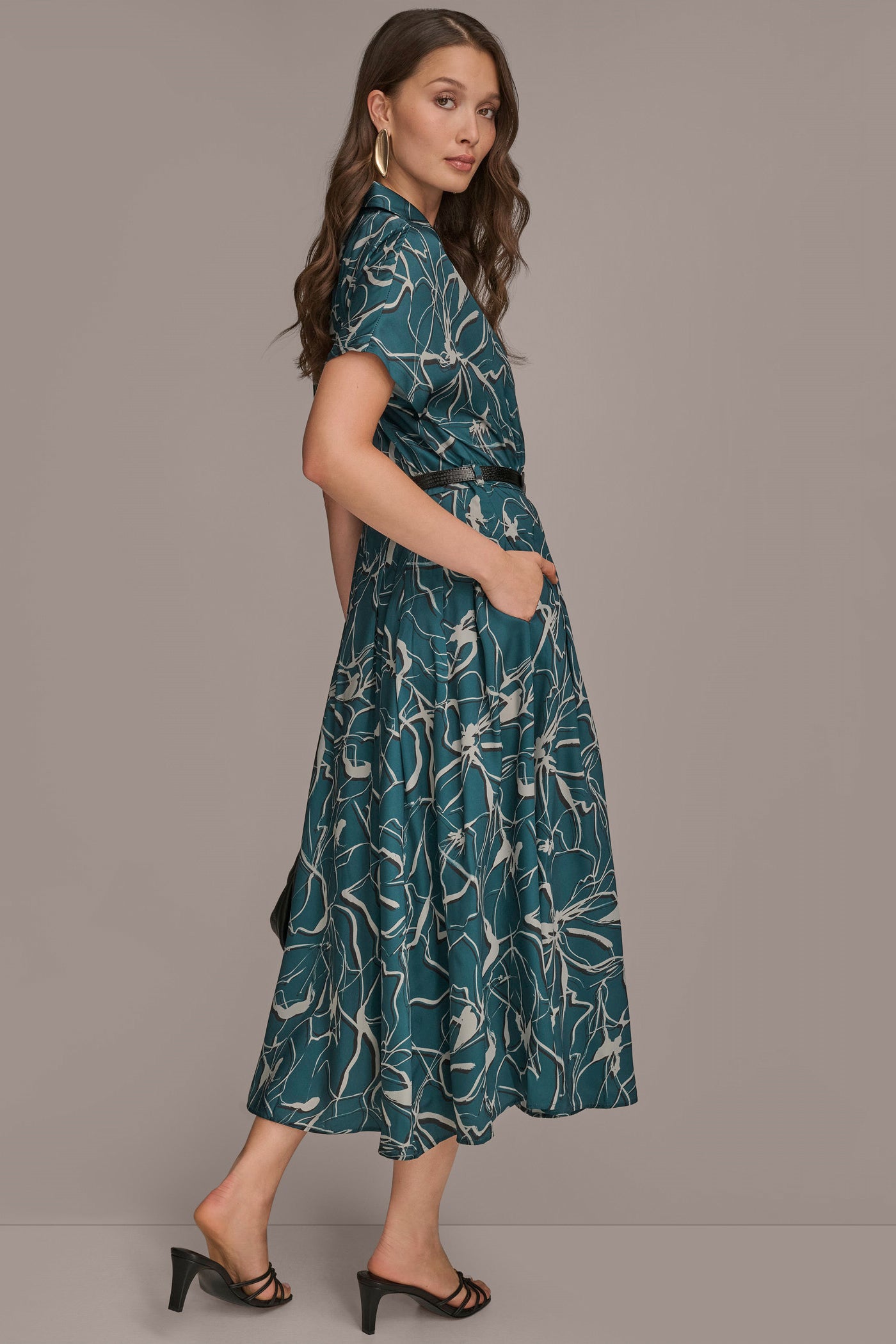 Donna Karan | SHORT SLEEVE FLORAL MIDI SHIRT DRESS