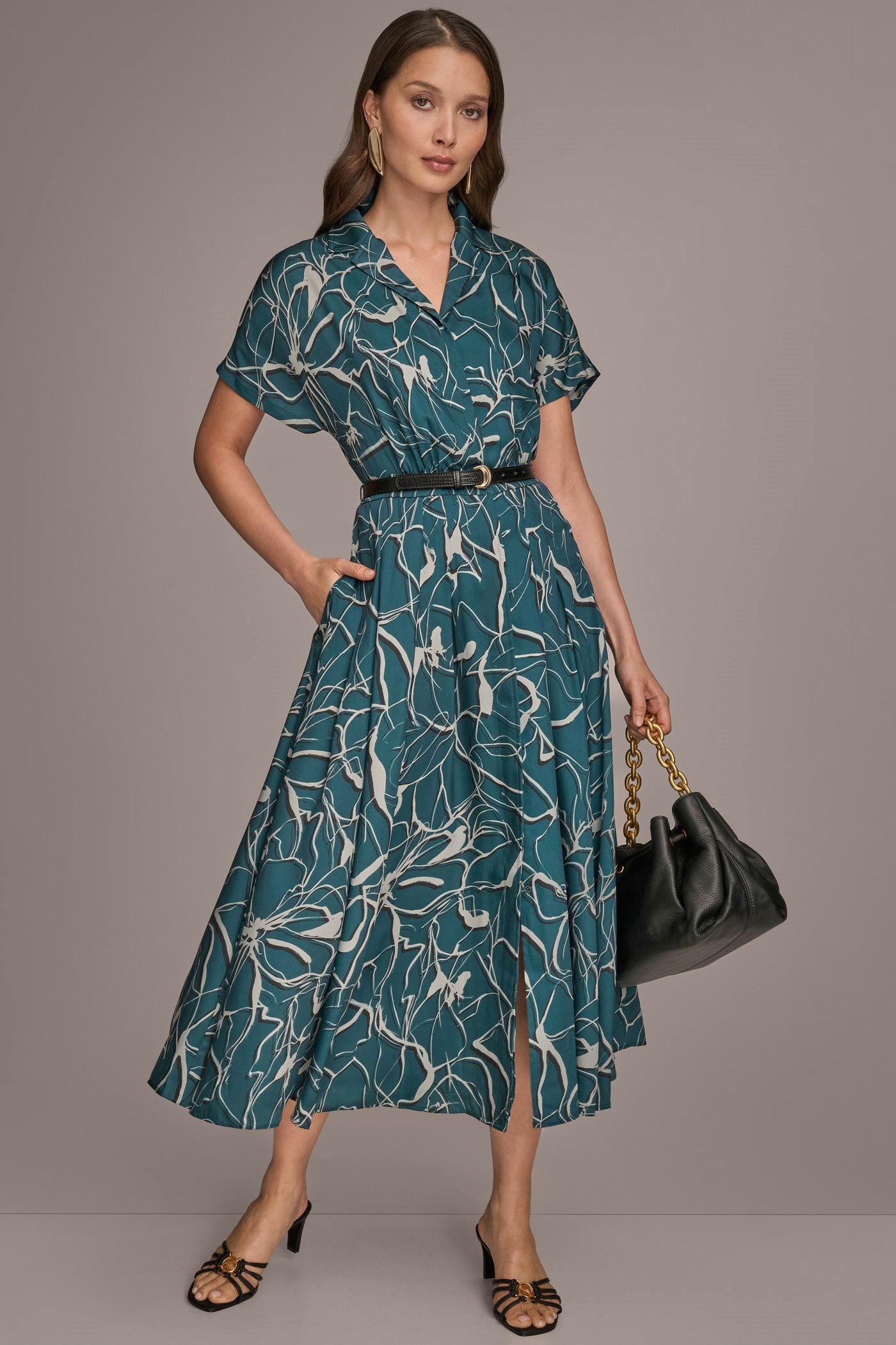 Donna Karan | SHORT SLEEVE FLORAL MIDI SHIRT DRESS